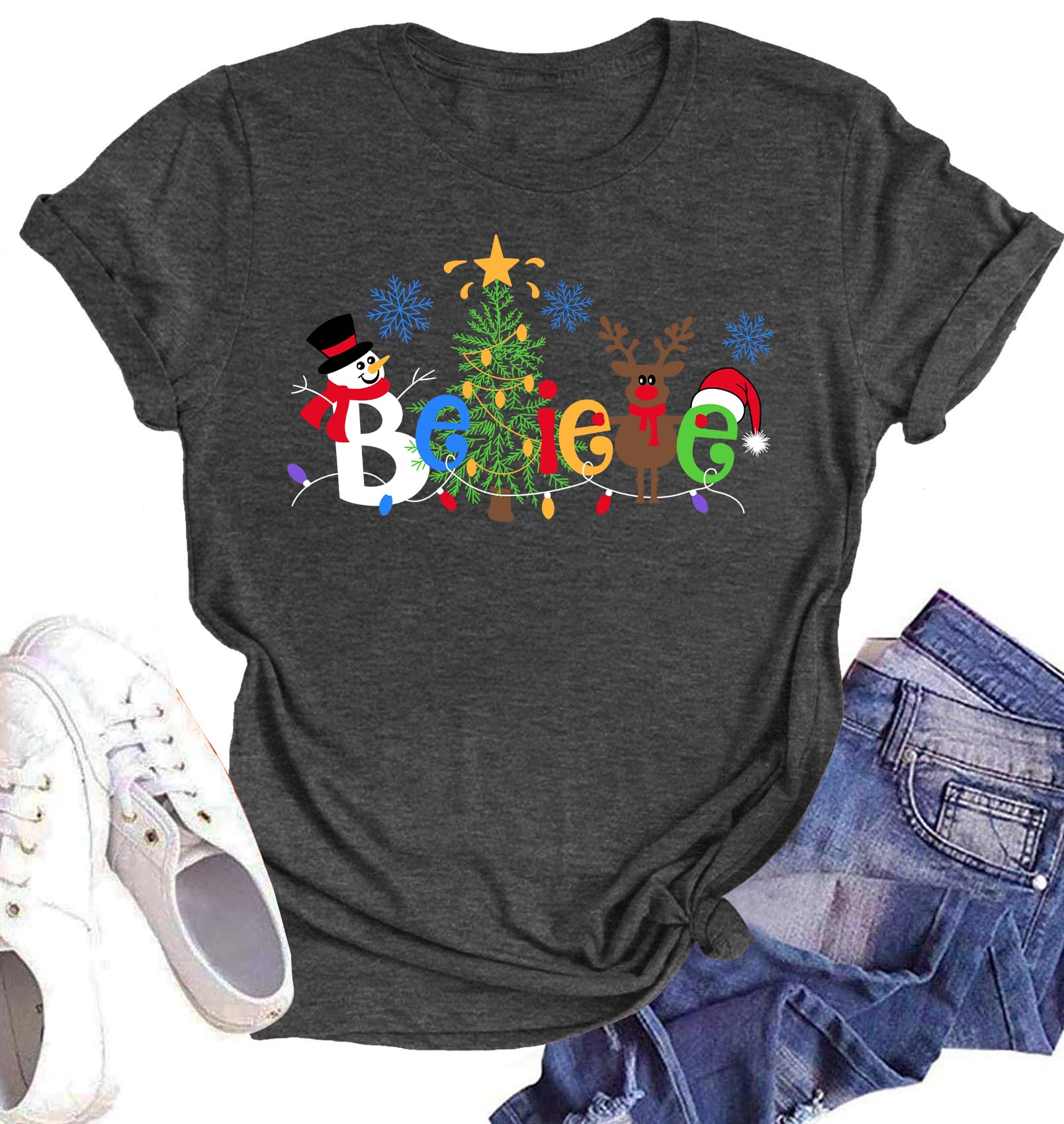 Believe Christmas Shirt for Women Christmas Tree Graphic T-Shirts Believe Letter Print Tees Holiday Tops
